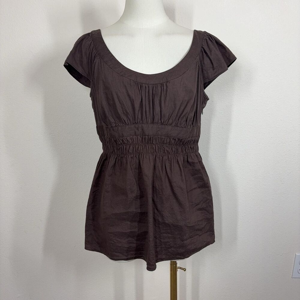 Saks Fifth Avenue Top Womens 10 Brown Linen Blend Babydoll Peasant Boho Minimal